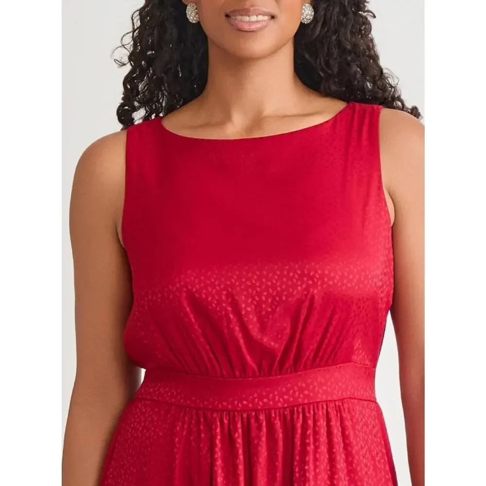 Kasper Women Crimson Red Satin Tiered Sleeveless Boat Neck Midi Dress Size L - Picture 2 of 5